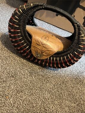 Handwoven  Vietnamese Rattan  Black and Red Decorative Basket with Wood Accent